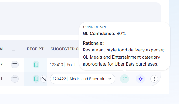 GL rationale panel showing coding explanation attached to reconciled transactions.