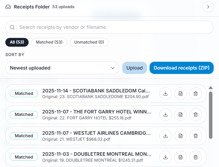 Receipt drawer open with linked evidence for selected transactions.