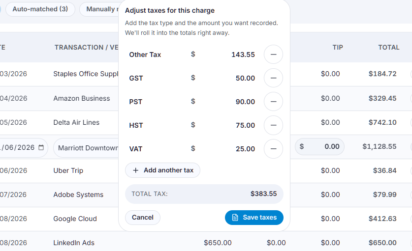 Tax line items preview with multiple tax fields prepared per transaction.